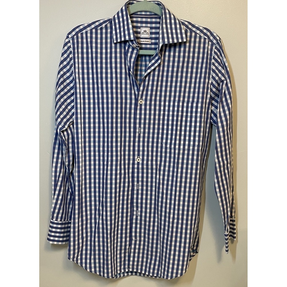 Peter Millar Shirt Size S Seaside Finish Button Down Blue Plaid Long‎ Sleeve EUC